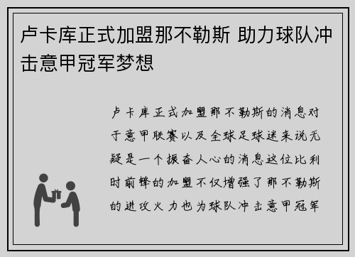 卢卡库正式加盟那不勒斯 助力球队冲击意甲冠军梦想